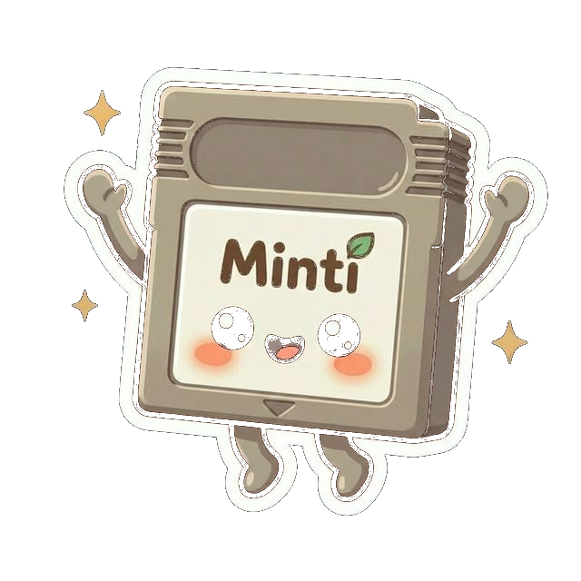 Minti, das Mintro Maskottchen, freut sich über eine erfasste Retro-Spiele-Sammlung